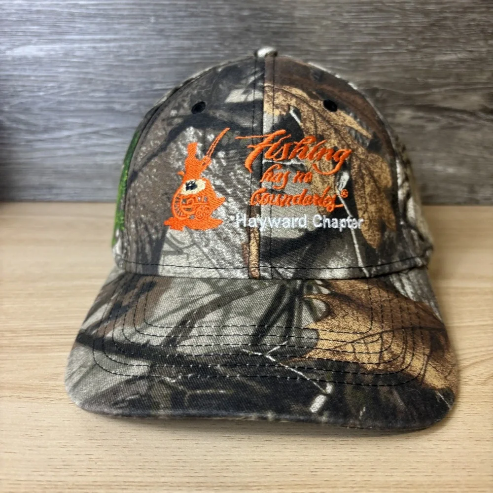 Fishing Has No Boundaries Hat Cap Strap Back Camouflage Hayward Chapter Mens Cam